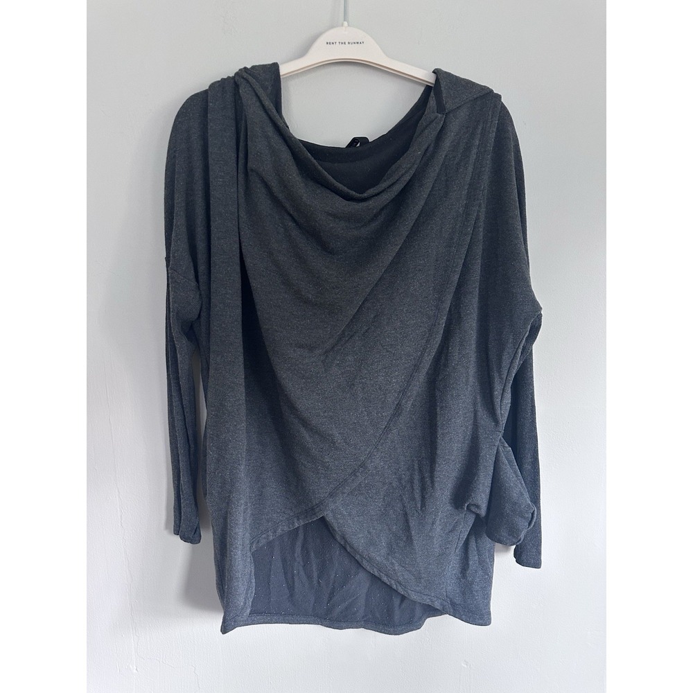 ATHLETA Women's Long Sleeve Hooded Grey Wrap Front Yoga Top Tunic Pockets LARGE